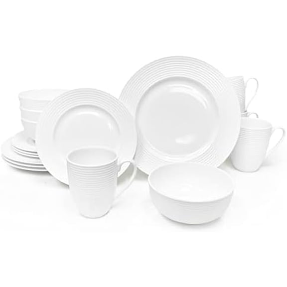 Bone China 16 Piece Dinnerware Dish Set, Service for 4, White Embossed Circle, Microwave Safe, Translucent, Elegant giftware, Essential Home, Formal and Everyday Living, Kitchen Dishes, Dinner Set