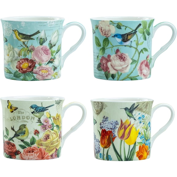 Bone China Coffee Tea Mugs 10-Ounce, Assorted (Botanical Bird Garden), 4 Count (Pack of 1)