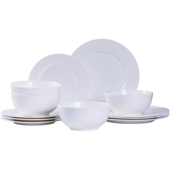 Bone China Dinnerware Set for 4, 12 Pcs Plates and Bowls, Pure White | 12 Piece Sets for 4, classic white porcelain, microwave and dishwasher safe, chip resistant, stackable, plain white