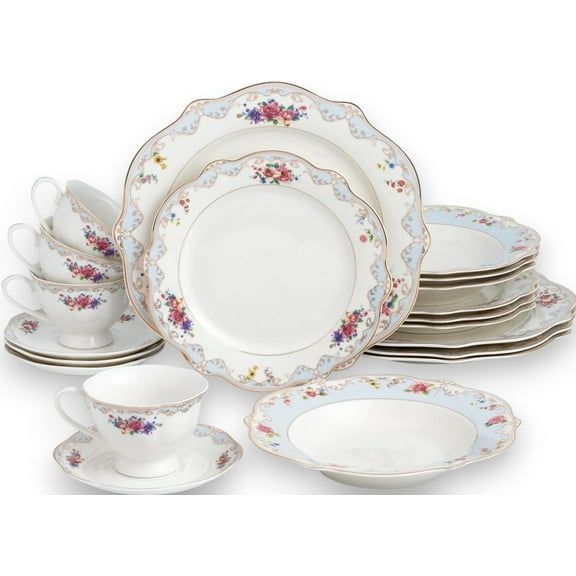 Bone China Dinnerware Set "Flowers of Love" 4-person 20-piece, Floral with Blue and Gold Trim