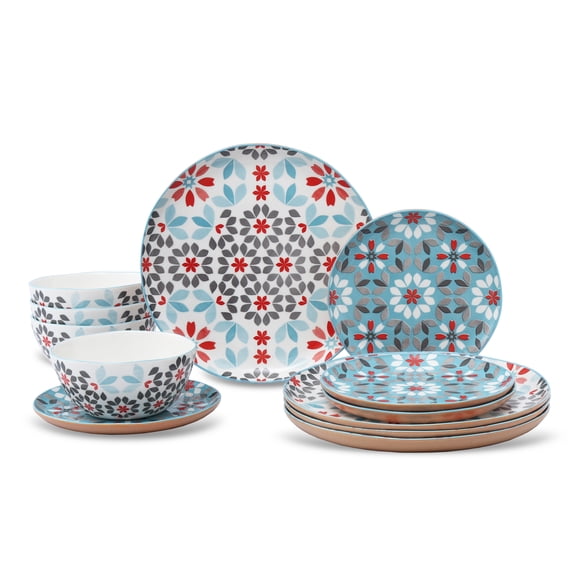 Bone China Dinnerware Set, Geometric Floral Pattern, Blue Red Gray