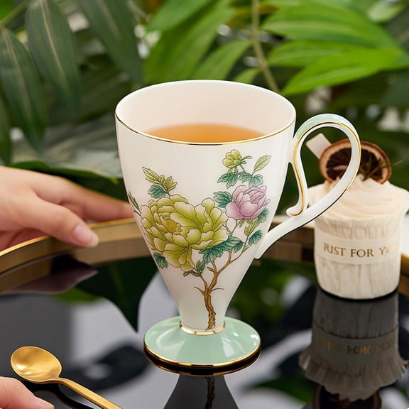 Bone China Mugs Set of 2 Fine Ceramic Coffee Mug, 15oz Porcelain Novelty Coffee Mugs for Cappuccino, Latte, Coco, Americano, Large Floral Tea Cups, Pretty Lightweight Cup