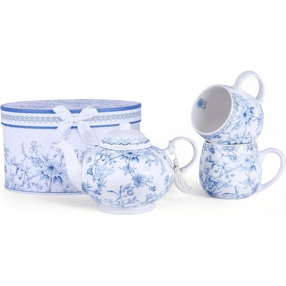 Bone China Tea Set for 2 pers. in Gift Box, Tea Set for Adults, Coffee Set, European Coffee Set, Women Tea Set, Bone China Tea Set for Party Birthday Wedding Gifts (Blue Flowers)