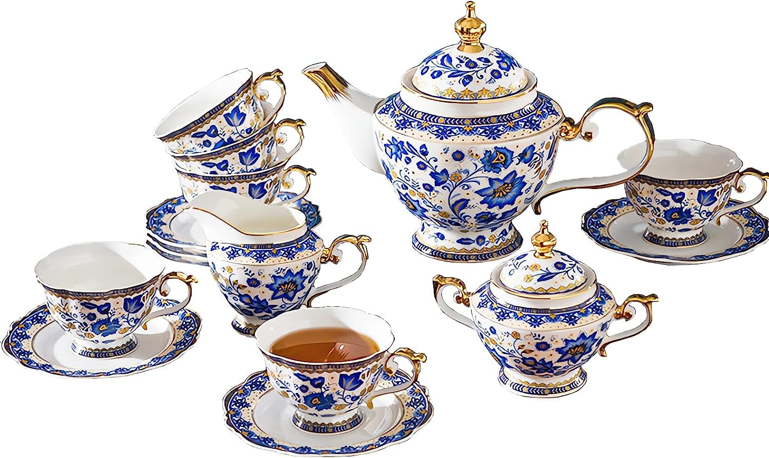 Bone China Tea Set for 6 Adults, 21 Piece Blue and White Porcelain Tea