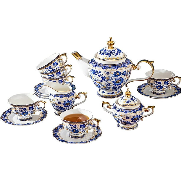 Bone China Tea Set for 6 Adults, 21 Piece Blue and White Porcelain Tea