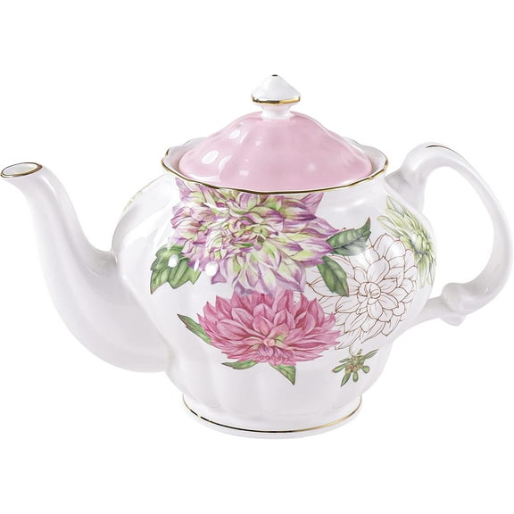 Bone China Teapot, English Teaset, Dahlia Floral Design with Golden Rim, 37 Oz