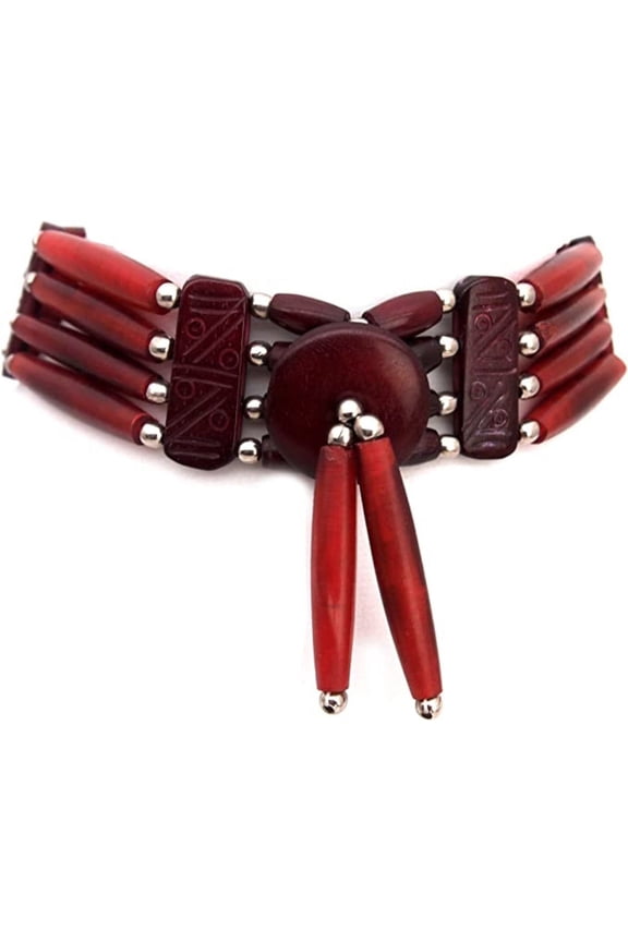 Bone Choker Buffalo Hair Pipes in Red with Silver Beads 4 strands Lines with Center Piece.