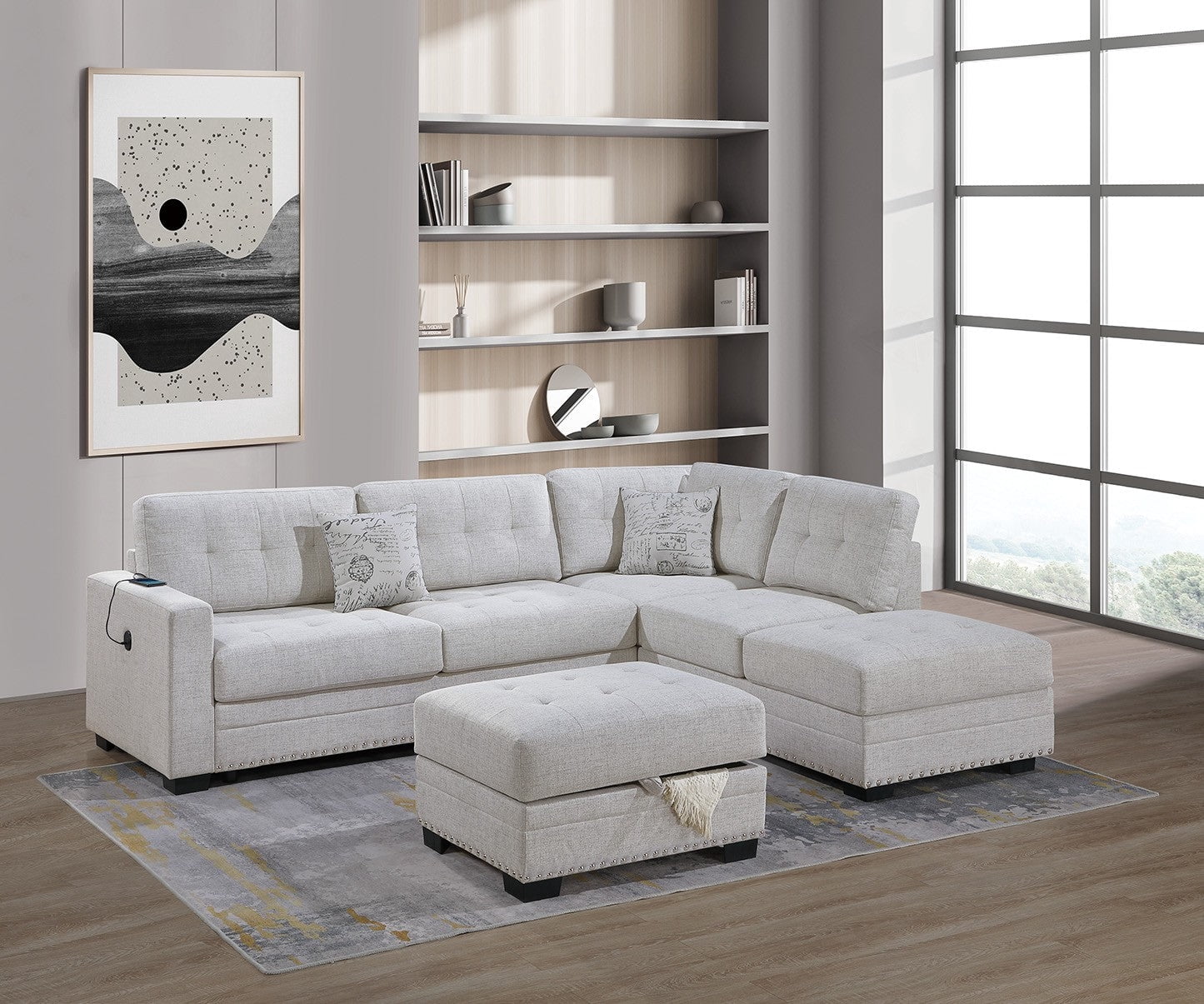 Bone Color Burlap-Like Fabric Revesible Sectional w Ottoman Tufted ...