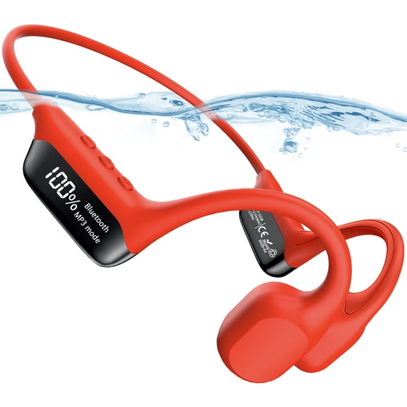 Bone Conduction Headphones with 32GB Built-in Storage,AILKIN Bluetooth 5.4 Headphones, IPX8 Waterproof Swimming Headphones for Running, Cycling, and Workout, Red