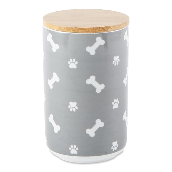 Bone Dry Ceramic Canister Jar for Pet Treats, Dishwasher Safe, 4x6.5", Gray Paw & Bone