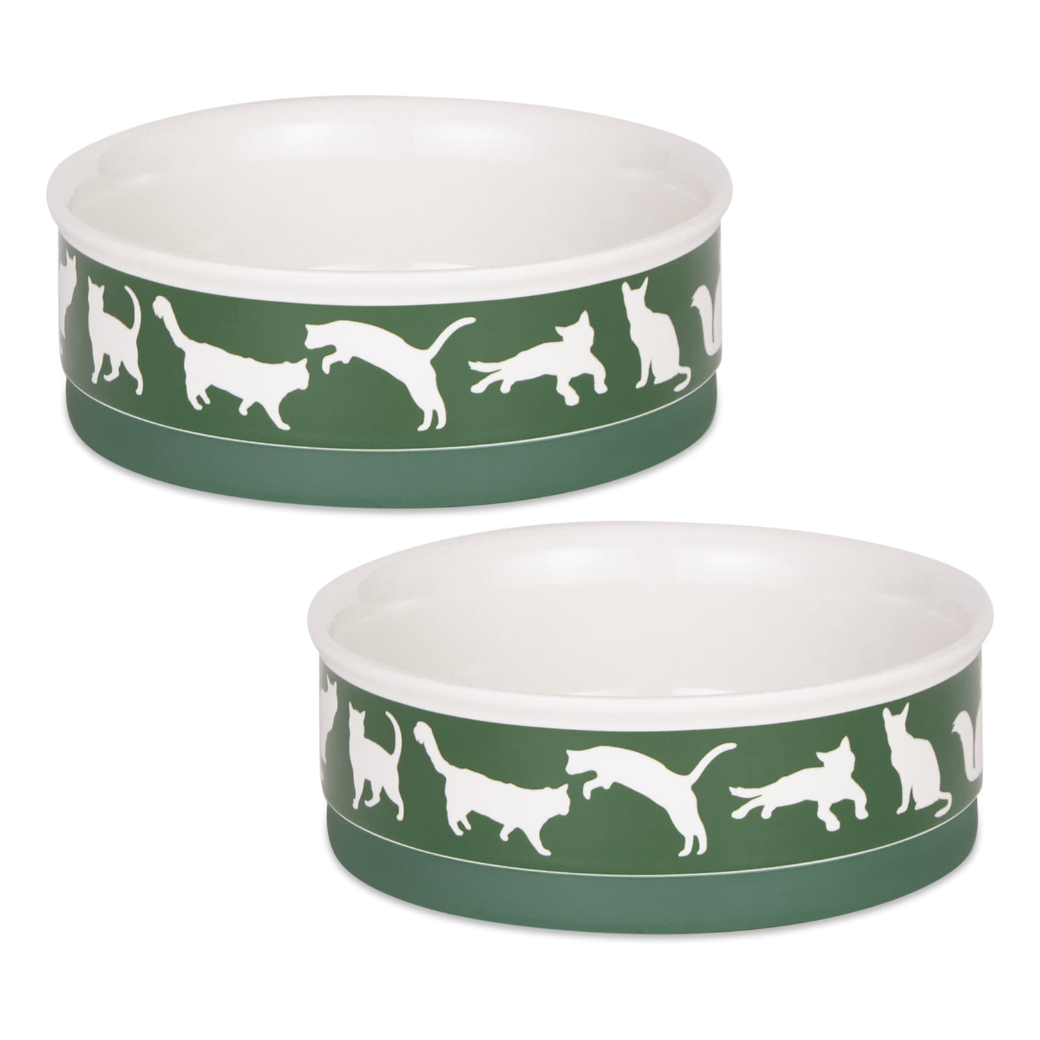 Hunter Green Ceramic Cat Bowls with Non-Skid Bottom, Set of 2