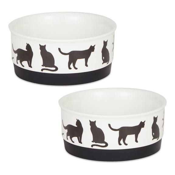 Bone Dry Ceramic Cat Bowls, Microwave & Dishwasher Safe, Small, 4.25x2", Black/White, 2 Count
