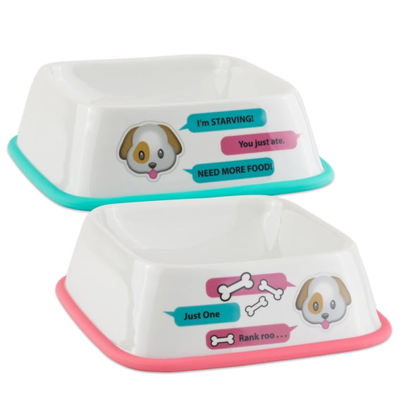Bone Dry Ceramic Pet Bowl, Non-Slip, Microwave & Dishwasher Safe, 6.75x6.75x2", Emojis, 2 Count