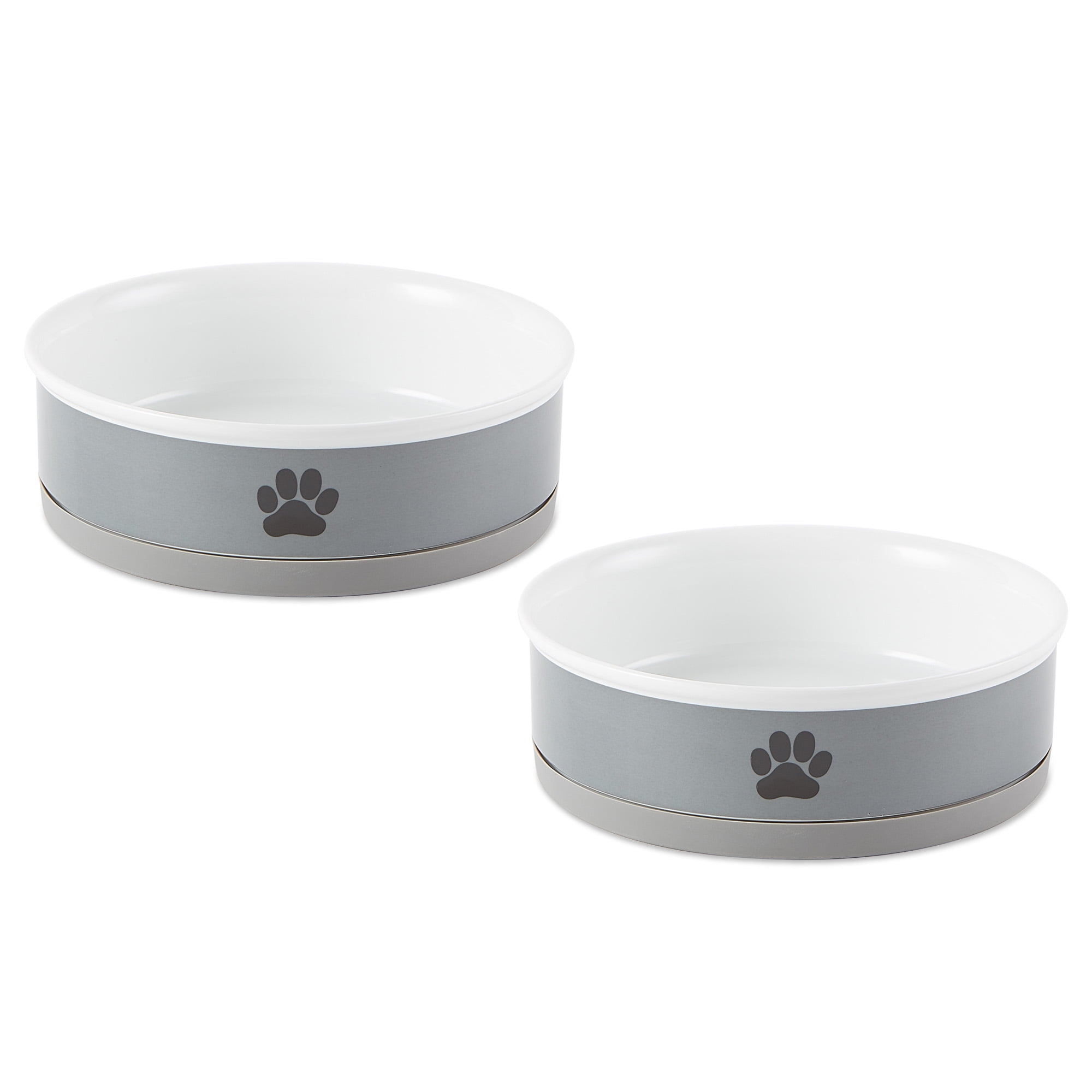 Contemporary Home Living Set of 2 Gray and Black Paw Print Large Pet Bowls, 7.5"