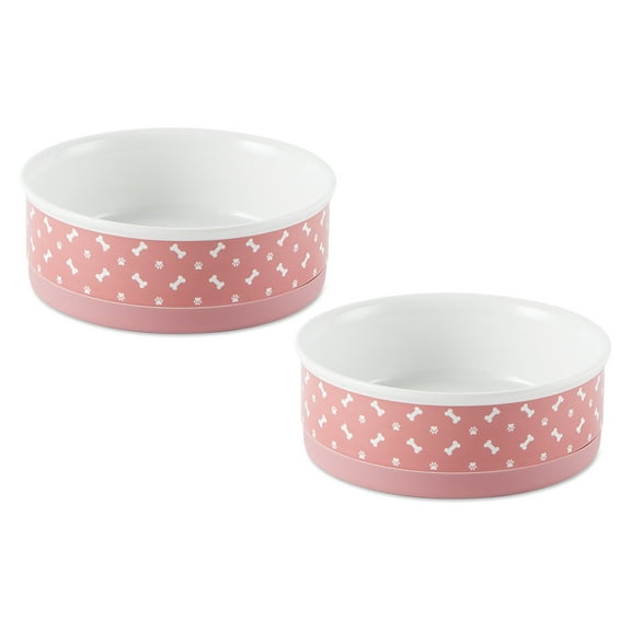 Bone Dry Ceramic Pet Bowls, Dishwasher Safe, Medium Bowl Set, 6x2", Rose, 2 Count