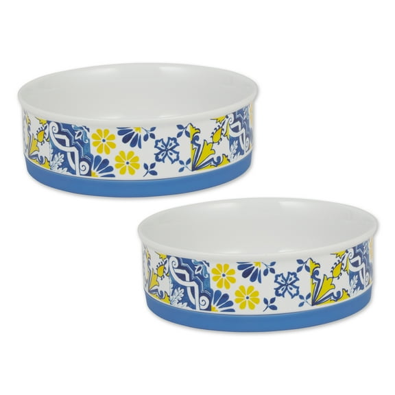 Bone Dry Ceramic Pet Bowls Non-Slip, Dishwasher Safe, Large, 7.5x2.4", Azulejos Tile, 2 Piece