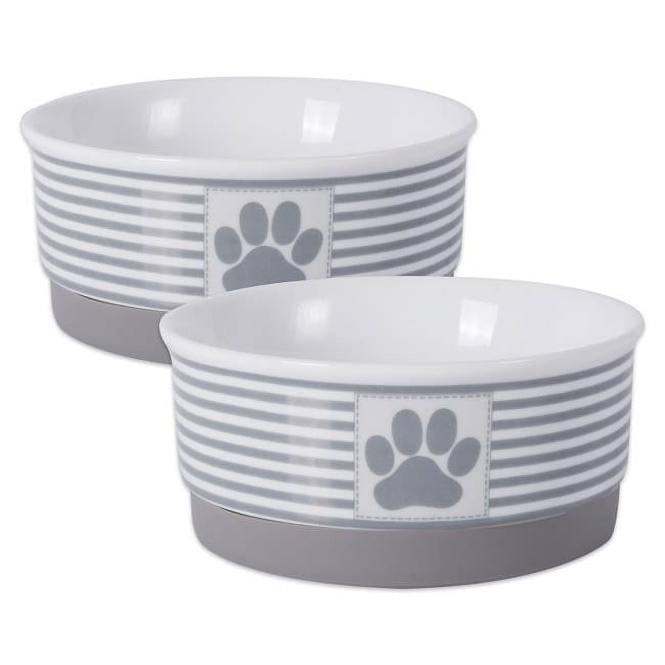 Gray Striped Ceramic Pet Bowls with Paw Print, 4.25x2", Set of 2