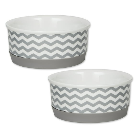 Bone Dry Chevron Ceramic Pet Bowls Microwave & Dishwasher Safe, Small 4.25x2", Gray, 2 Count