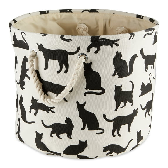 Contemporary Home Living 15" Black, White, and Beige Round Medium DII Polyester Pet Bin Cats Meow