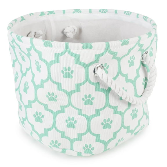Bone Dry Pet Storage Toy Basket, Lattice Paw, Small Round, White/Aqua