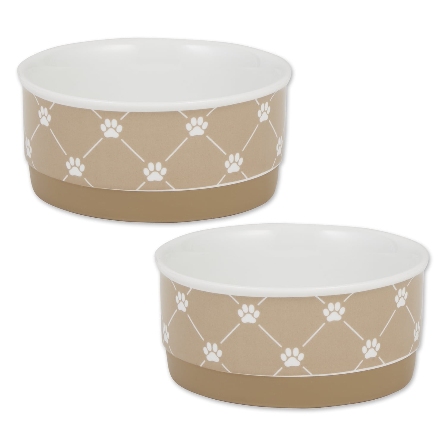 Small Taupe Porcelain Pet Bowls with Non-Skid Silicone Base, Set of 2