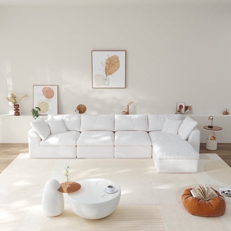 Boneless Modular Sectional Sofa with Ottoman, Soft Chenille Fabric Sectional for Living Room, Deep-Seat Design Modern L-Shaped Lounge Sofa, White