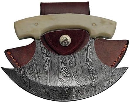 SANZ 5.5-Inch Heritage Damascus Steel Ulu Knife – 3.75-Inch Hand-Forged Arctic-Style Blade with 4.5-Inch Authentic Bone Handle and Leather Sheath