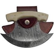 SANZ 5.5-Inch Heritage Damascus Steel Ulu Knife 3.75-Inch Hand-Forged Arctic-Style Blade with 4.5-Inch Authentic Bone Handle and Leather Sheath