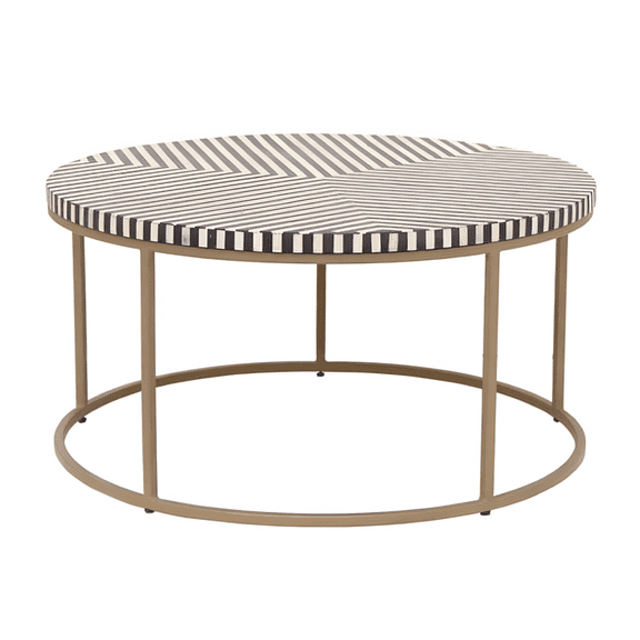 Bone Inlay Coffee Table – Black & Ivory Striped Top with Circular Metal Base, Bauhaus Art Deco Style