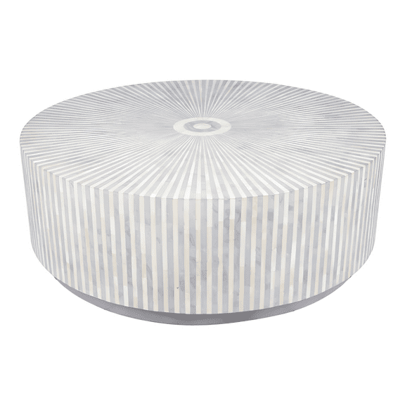 Bone Inlay Coffee Table – Round Bullseye Top and Cylindrical Vertical Stripe Sides, 2 Color Options