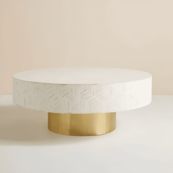 Bone Inlay Coffee Table – Round Cube Illusion Design, Black & White Geometric Pattern with Art Deco Flair