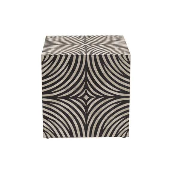 Bone Inlay End Table – Cube Form with Concentric Arc Op Art Pattern