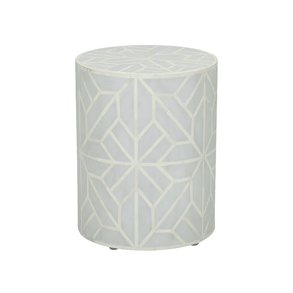 Bone Inlay End Table – Cylindrical Accent Table with Geometric Diamond & Hexagon Pattern