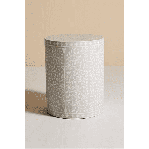 Bone Inlay End Table – Cylindrical Floral Vine Accent Table in Pale Gray Finish