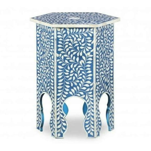 Bone Inlay End Table – Hexagon Blue Table with Floral Vine Pattern in Ivory