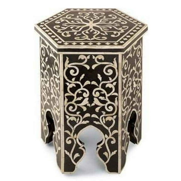 Bone Inlay End Table – Hexagonal Top with Mughal Floral Design & Arched Legs