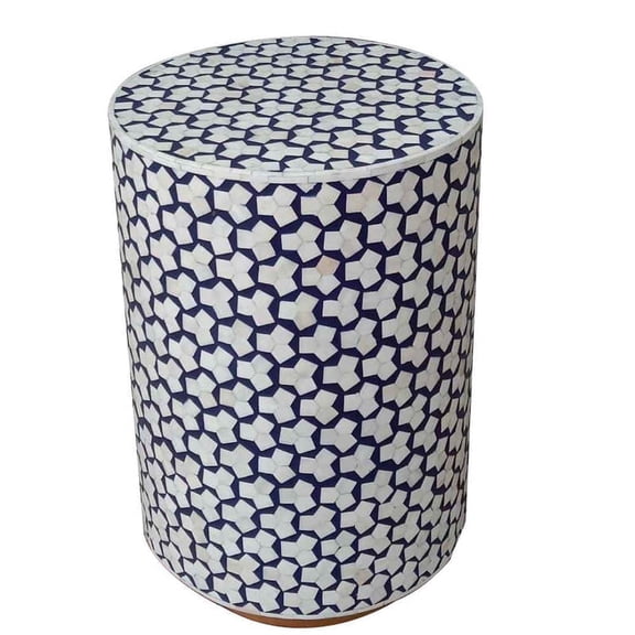 Rudraksha Corporation Bone Inlay End Table. This cylindrical accent table features a Moroccan star pattern. It is handmade furniture.
