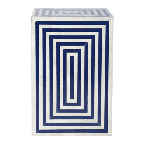 Bone Inlay End Table – Rectangular Blue & White Geometric Accent Table