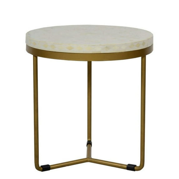 Bone Inlay End Table – Round Ivory Top with Diamond Mosaic and Minimalist Design