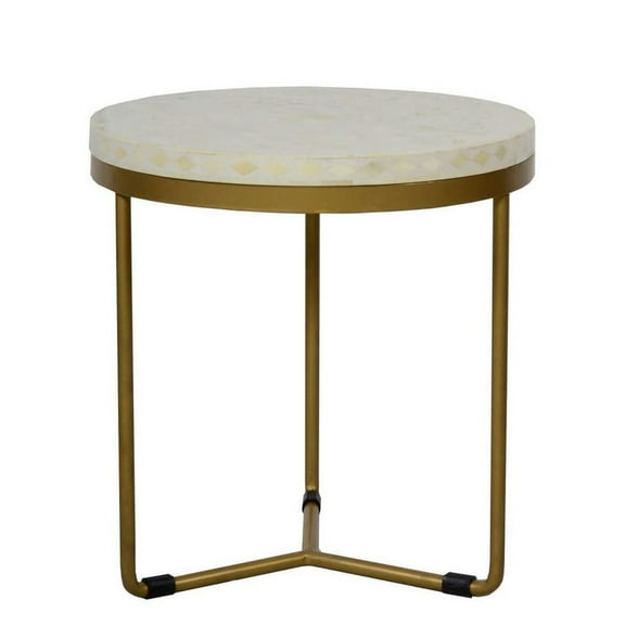 Bone Inlay End Table – Round Ivory Top with Diamond Mosaic and Minimalist Design