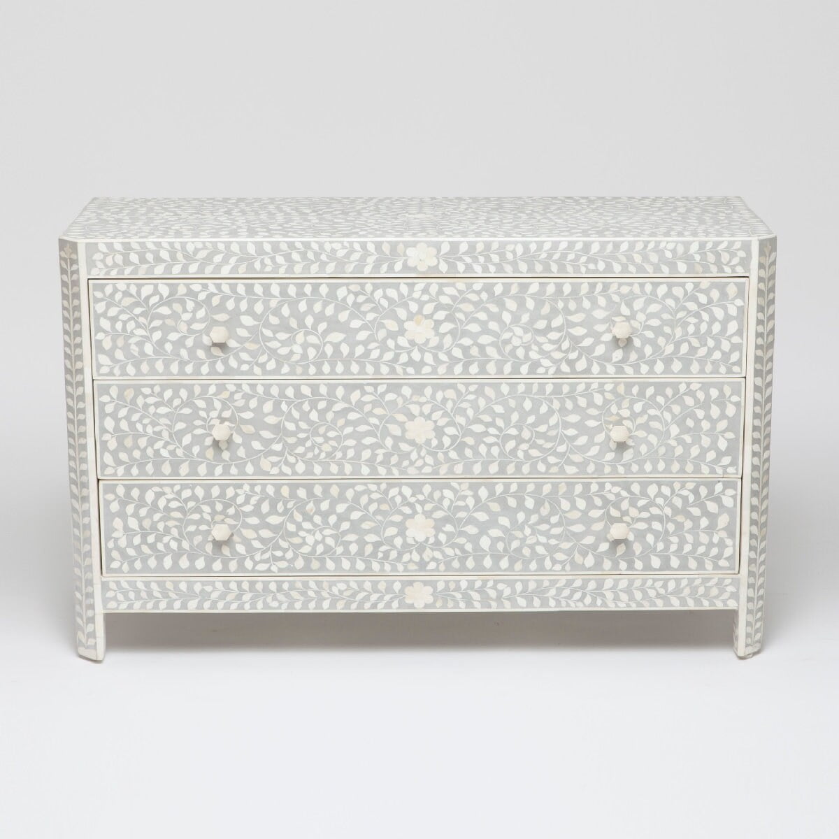 Bone Inlay Floral 3 Drawer Dresser Grey Bone inlay cabinet Bone inlay chest bone inlay furniture Grey