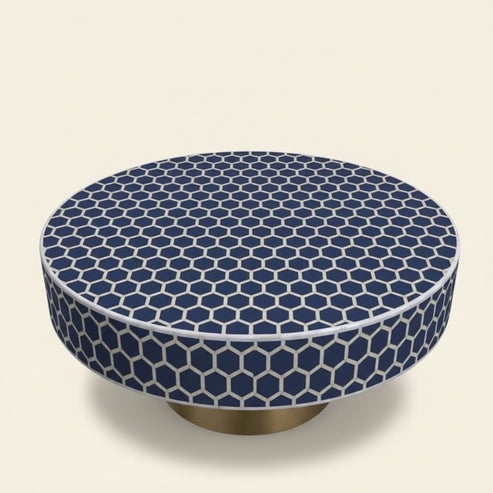 Bone Inlay Round Coffee Table Floral Handmade Luxury Boho Modern Resin centre table for Living Room Dining Room and Home Dcor -Blue and Gold, 63x40 DM