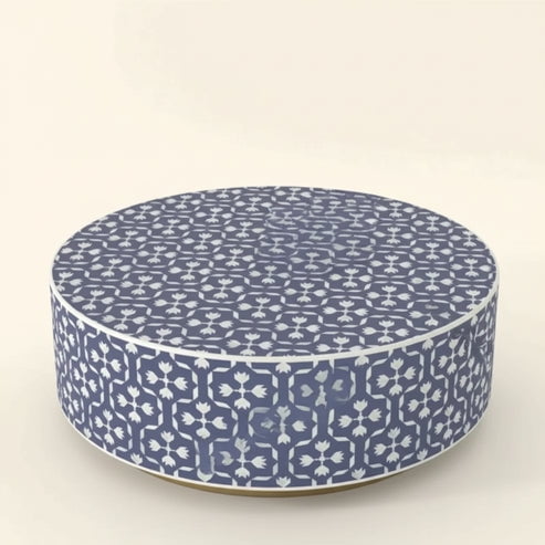 Bone Inlay Round Coffee Table Floral Handmade Luxury Boho Modern Resin centre table for Living Room Dining Room and Home Dcor -Navy Blue, 63x40 CM