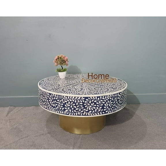 Bone Inlay Round Coffee Table with Brass Base | Handmade Floral Inlay Center Table | Boho Living Room Furniture | Indian Accent Table
