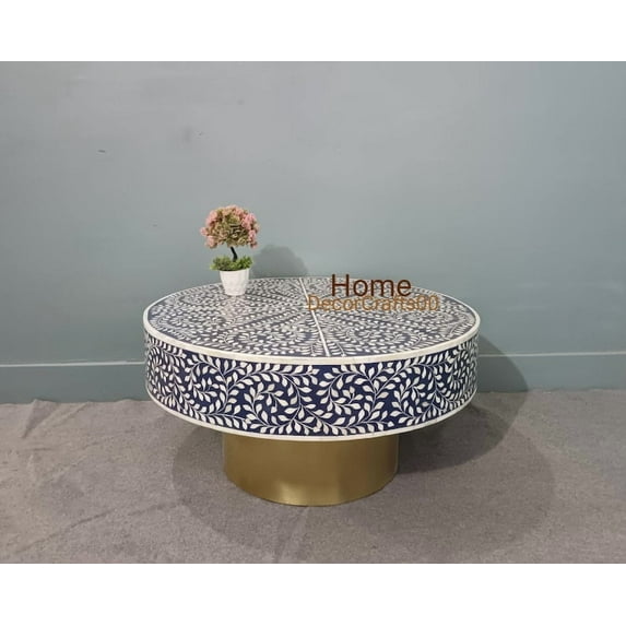 Bone Inlay Round Coffee Table with Brass Base | Handmade Floral Inlay Center Table | Boho Living Room Furniture | Indian Accent Table