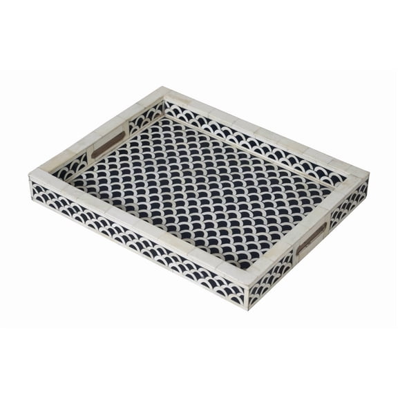 Bone Inlay Serving Tray – Black & White Semi-Circular Scales, Rectangular Shape, High Sides, Cut-Out Handles, Perfect for Serving or Decor