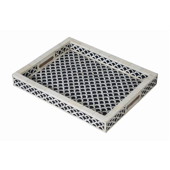 RUDRAKSHA CORPORATION Bone Inlay Serving Tray, Rectangular Shape, Black and White Semi-Circular Scales, High Sides with Cut-Out Handles, Decorative Home or Serving Décor