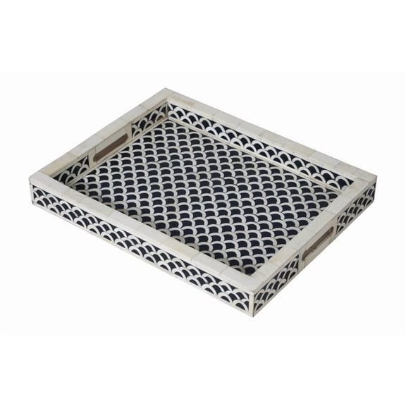 RUDRAKSHA CORPORATION Bone Inlay Serving Tray, Rectangular Shape, Black and White Semi-Circular Scales, High Sides with Cut-Out Handles, Decorative Home or Serving Décor