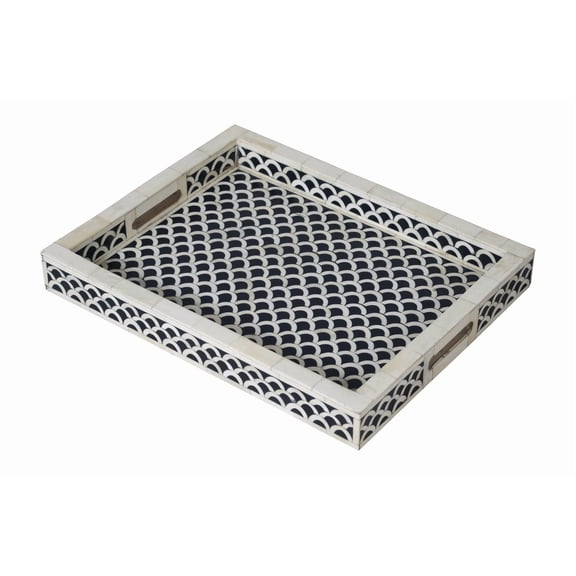 Bone Inlay Serving Tray – Black & White Semi-Circular Scales, Rectangular Shape, High Sides, Cut-Out Handles, Perfect for Serving or Decor
