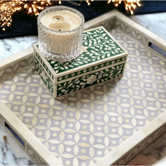 Bone Inlay Serving Tray – Geometric Floral Lattice, Soft Beige & Ivory, Muted Yellow Tones, Light Gray Background, Neutral Border